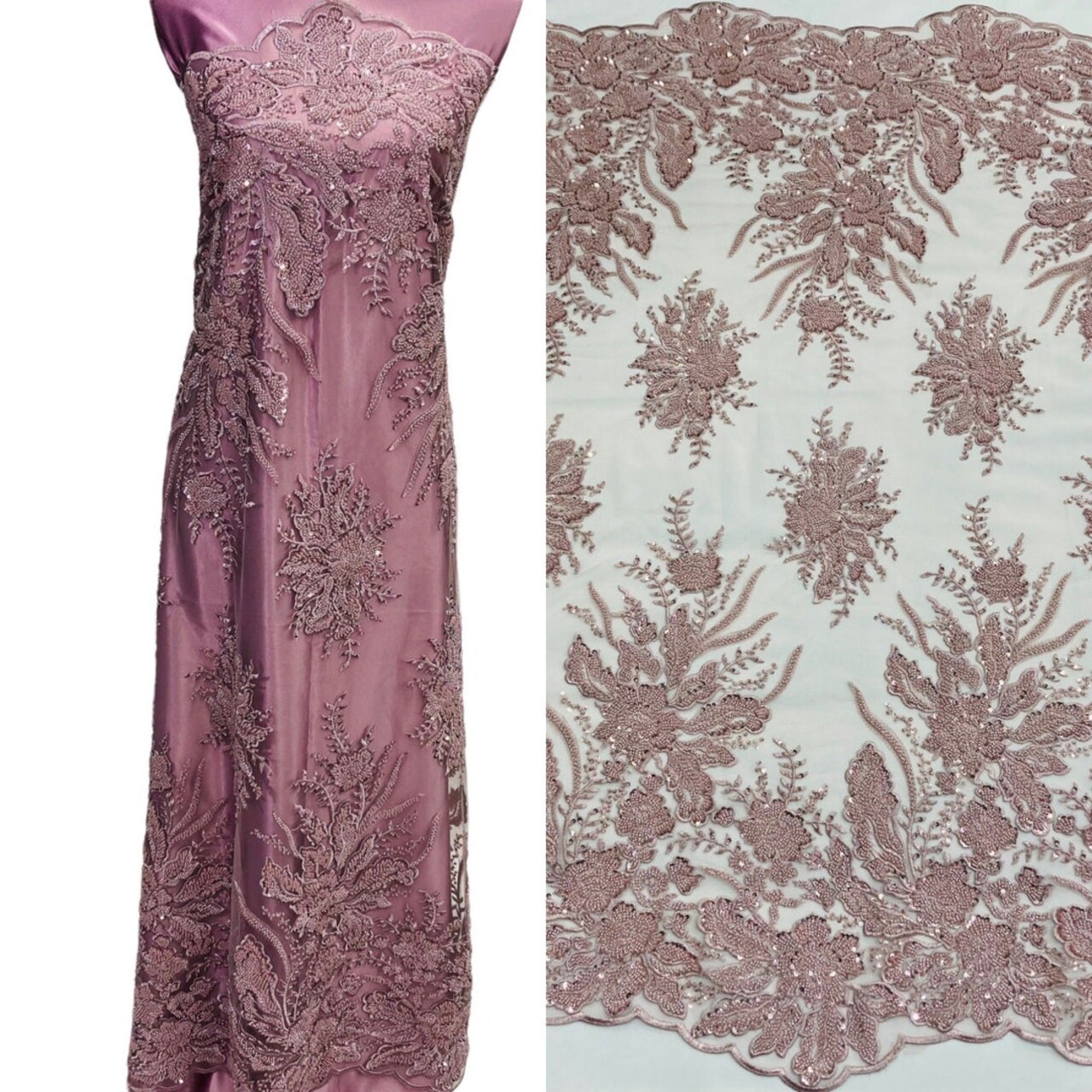 1 Yard Beaded Lace Fabric Embroidered on 100% Polyester Net Mesh, Blush, 48" Width
